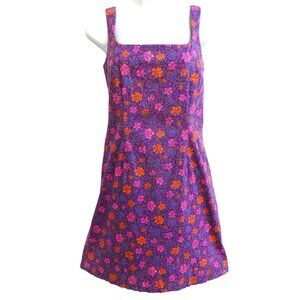 Vintage Ralph Lauren Floral Mini Dress Purple Square Neck Zip Back Stretchy 12